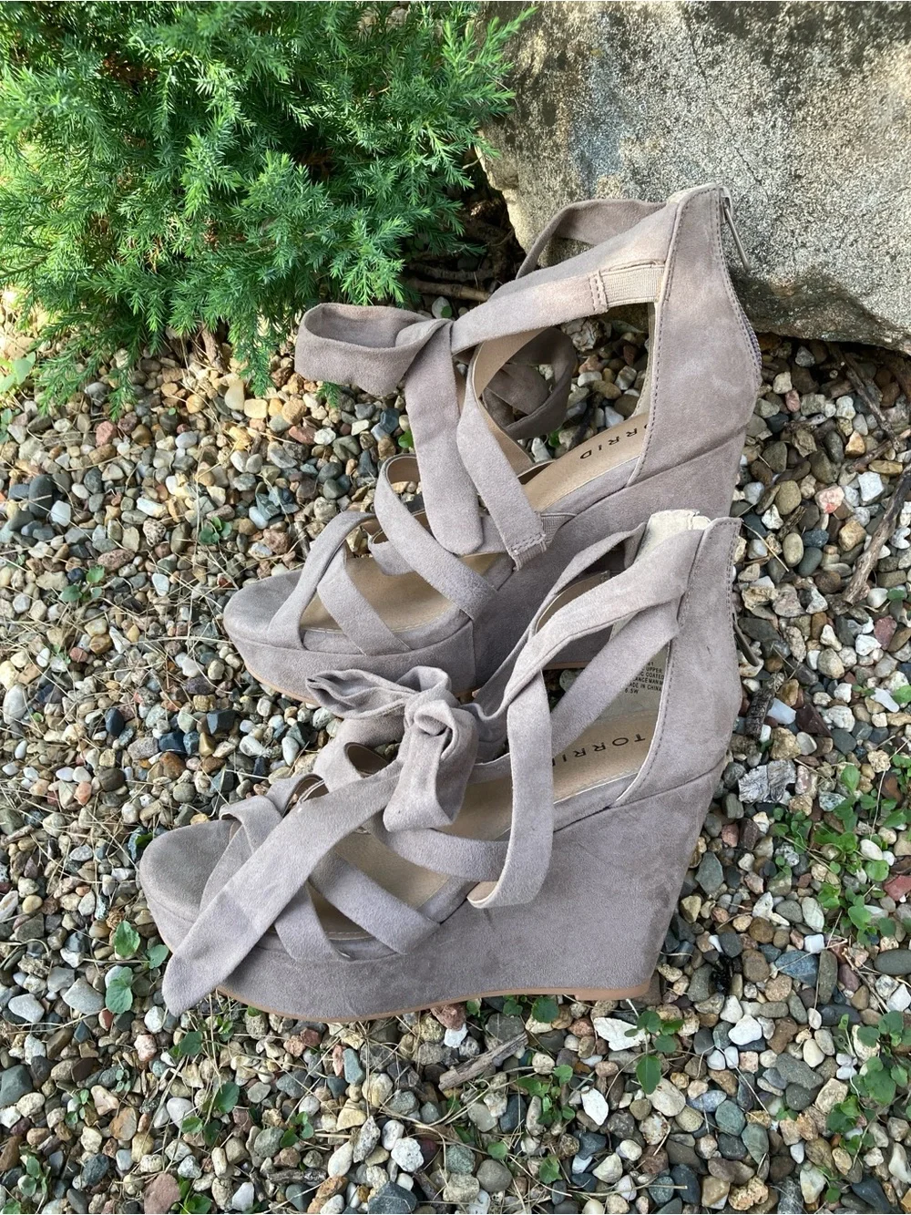 Torrid Size 6.5W natural taupe strappy ankle wrap platform wedge sandals